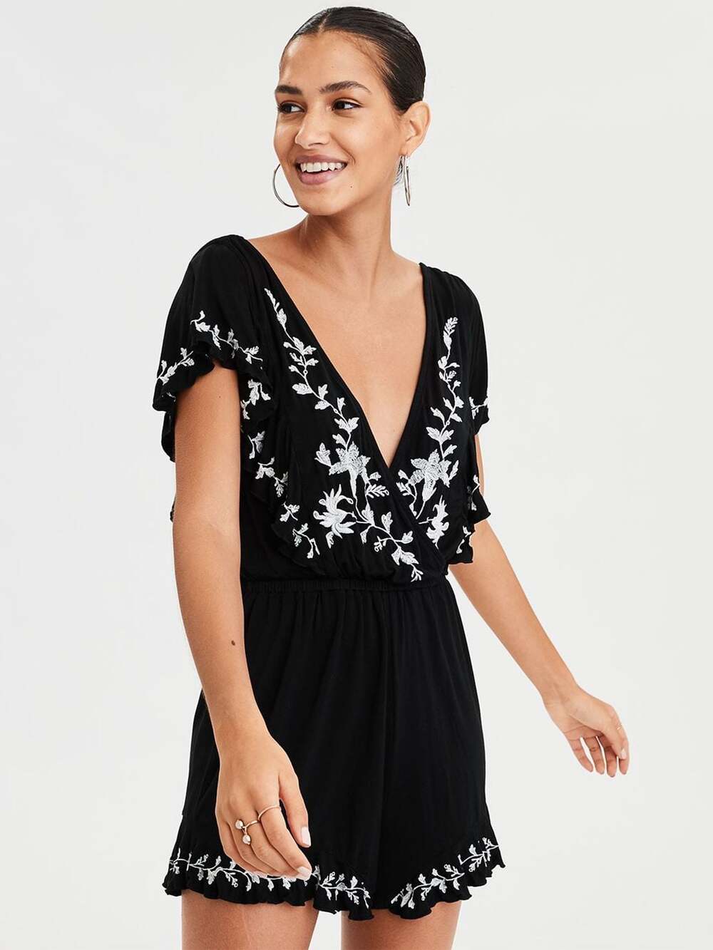 American Eagle Outfitters Black Floral Embroidered Romper with Ruffles